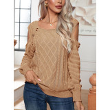 Button Square Neck Off Shoulder Long Sleeve Pullover Sweater