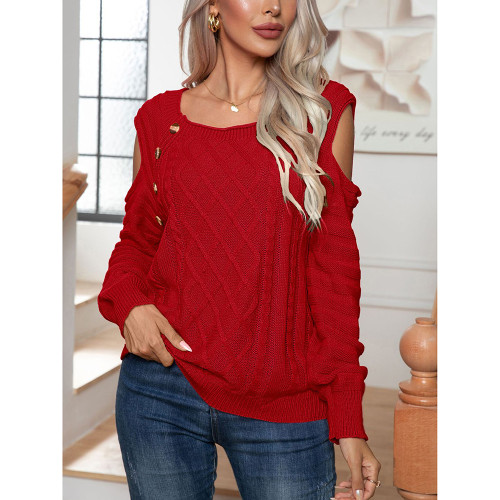 Button Square Neck Off Shoulder Long Sleeve Pullover Sweater