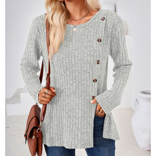 Round Neck Solid Button Long Sleeved Loose Fitting Top