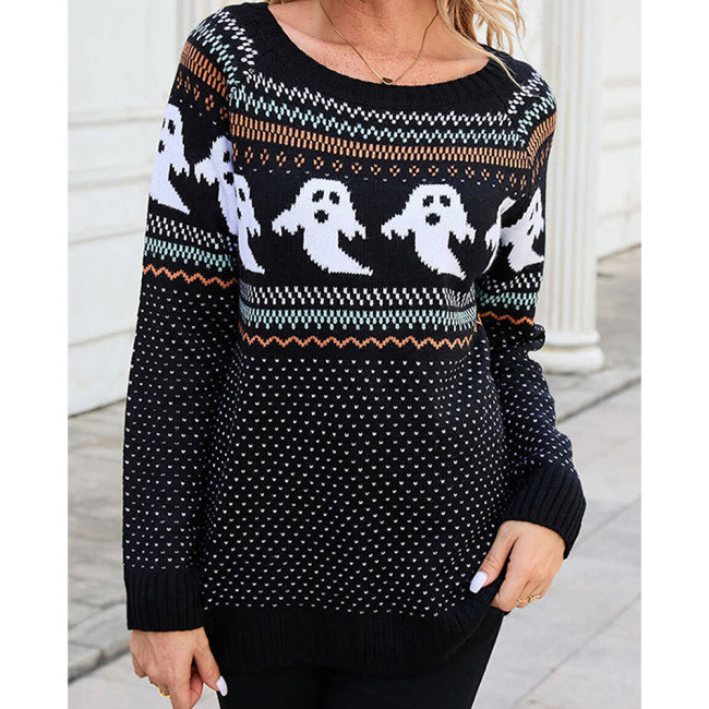 Round Neck Loose Fitting Vintage Ghost Sweater Pullover