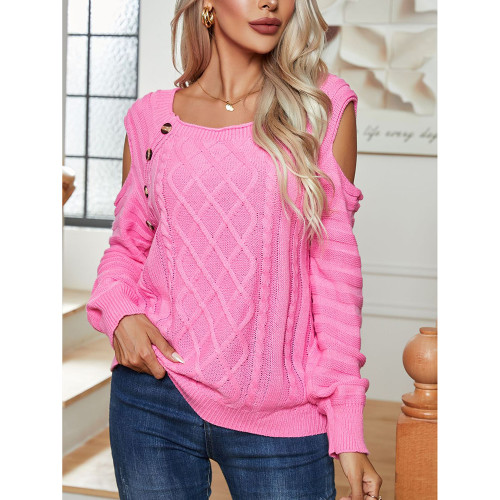 Button Square Neck Off Shoulder Long Sleeve Pullover Sweater