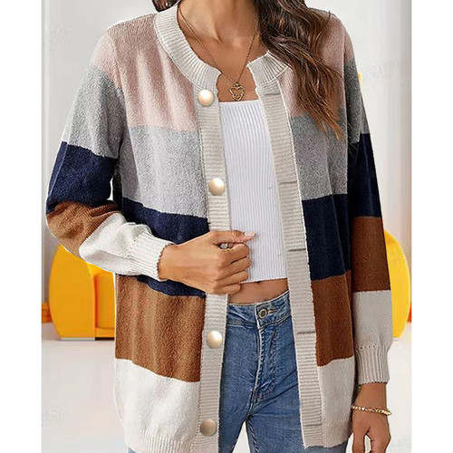 Round Neck Color Matching Loose Sweater Jacket