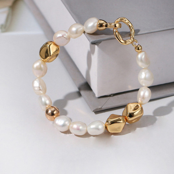 9-10mm Pearl Bracelet for Women Girl High-end Geometric Retro Irregular Pearl Bracelet