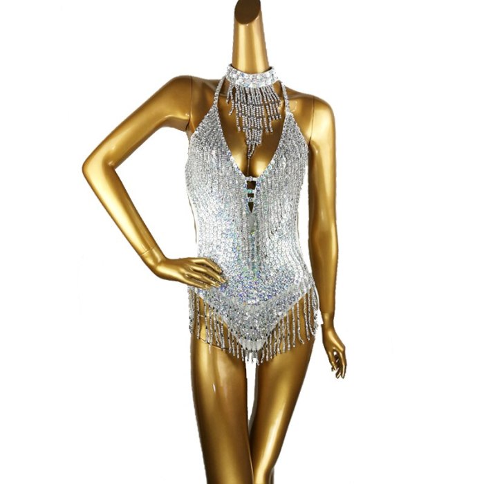 Sexy Women beading Bodysuit Sequin Swimsuit latin Belly Dance Costume Dancer One-Piece Outfit Costume Stage Performance silver BS02