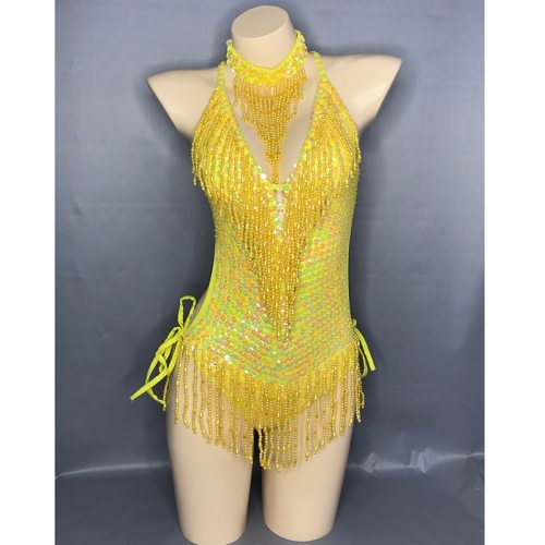 Flashing Yellow Sequins One-Piece Bodysuit Women's Singer Dance Sexy Evening Carnival Costumes Stage Dance Wear Nightclub Outfit BS11