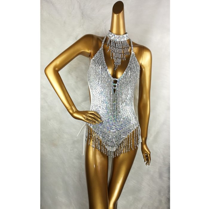 Sexy Women beading Bodysuit Sequin Swimsuit latin Belly Dance Costume Dancer One-Piece Outfit Costume Stage Performance silver BS02