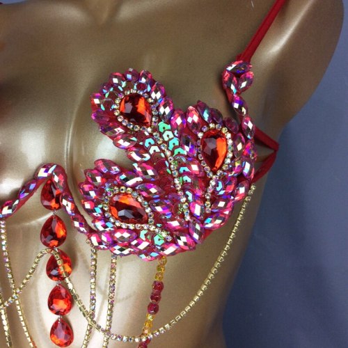 High Quality Sexy Samba Carnival Bra for Womens Rainbow Red Stone Belly dancing WIRE BRA BB010