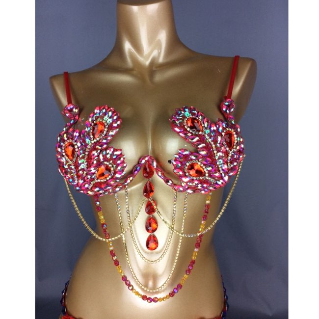 High Quality Sexy Samba Carnival Bra for Womens Rainbow Red Stone Belly dancing WIRE BRA BB010