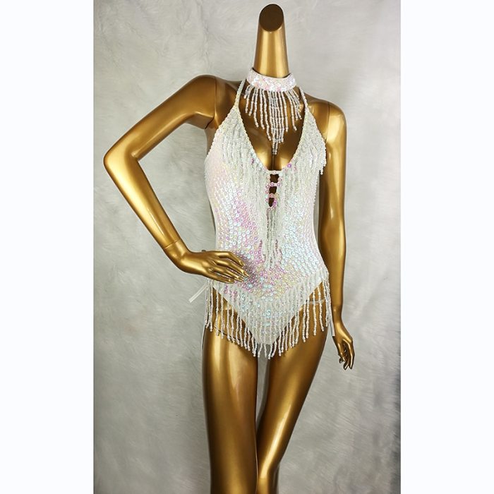 Sexy Women beading Bodysuit Sequin Swimsuit latin Belly Dance Costume Dancer One-Piece Outfit Costume Stage Performance Leotard