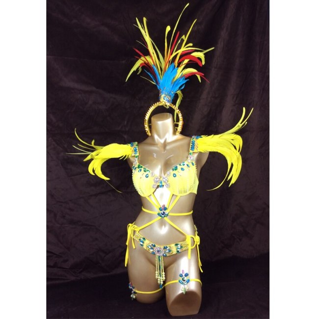 Sexy Samba Rio Carnival Costume  hot selling new belly dance costume with yellow Feather Head piece