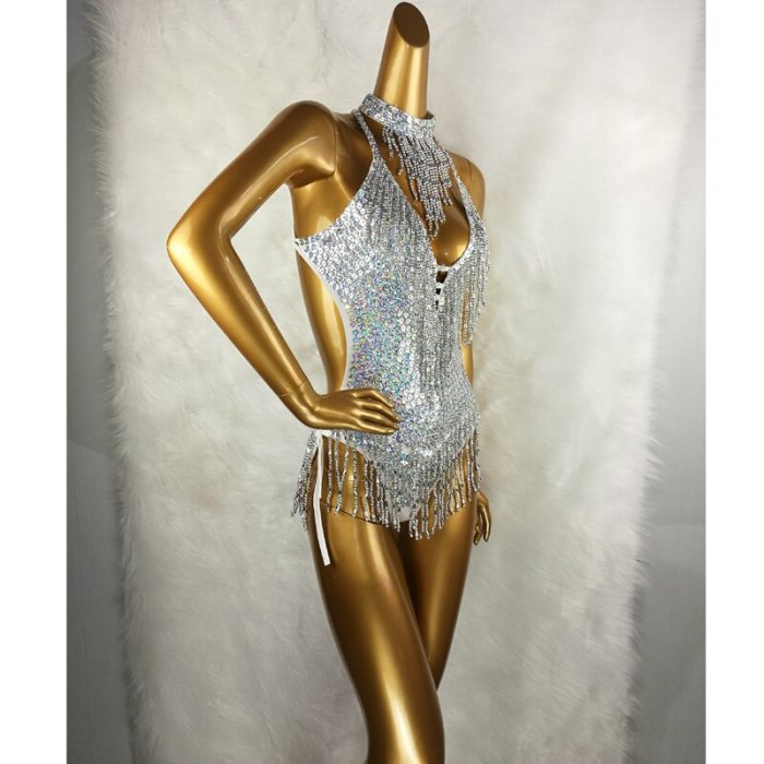 Sexy Women beading Bodysuit Sequin Swimsuit latin Belly Dance Costume Dancer One-Piece Outfit Costume Stage Performance silver BS02