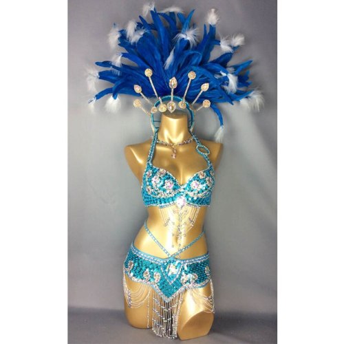 hot selling Sexy Samba Rio Carnival Costume women's belly dance costume with Turquoise Feather Head piece C209 (Turquoise)