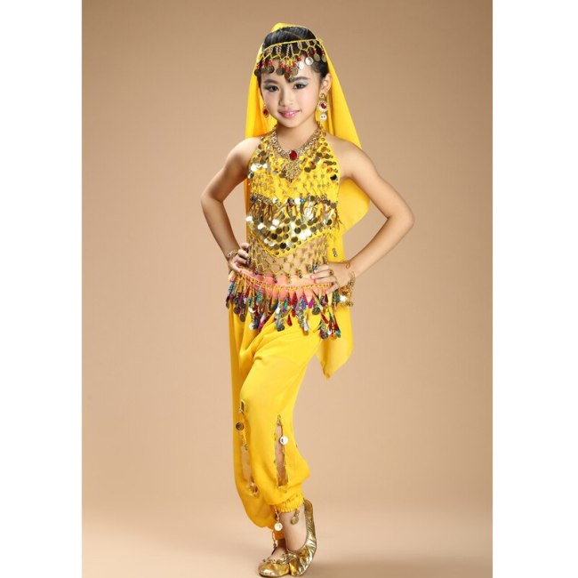 Hot sale kids belly dance 4pcs(top+pants+waist chain+veil) indian clothes rose/red/yellow girls belly dance costume 3306