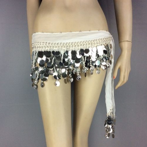 large size belly dance hip scarf 88 coins white & silver color HS902