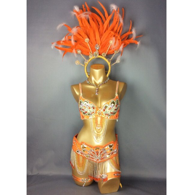 hot selling Sexy Samba Rio Carnival Costume  handmde new belly dance costume with Orange Feather Head piece C1359 Orange