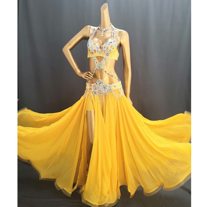 Hot Sale Professional Belly Dance Costume Set for Women Performance Outfit Bollywood Showgirl Dancer Belly Dance Costume clothes TF1732 yellow + sk1905