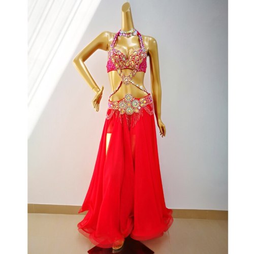Top quality New women belly dance costume set showgirl belly dancing clothes EDC halloween bellydance bra&belt&skirt 4pcs suit TF1732 Red + SK1905