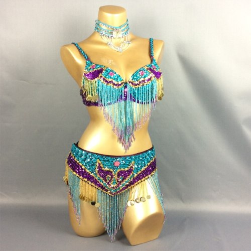 Hot selling belly dance New-Style Sexy handmade beaded 2 piece costumes 5 COLOR TF1401