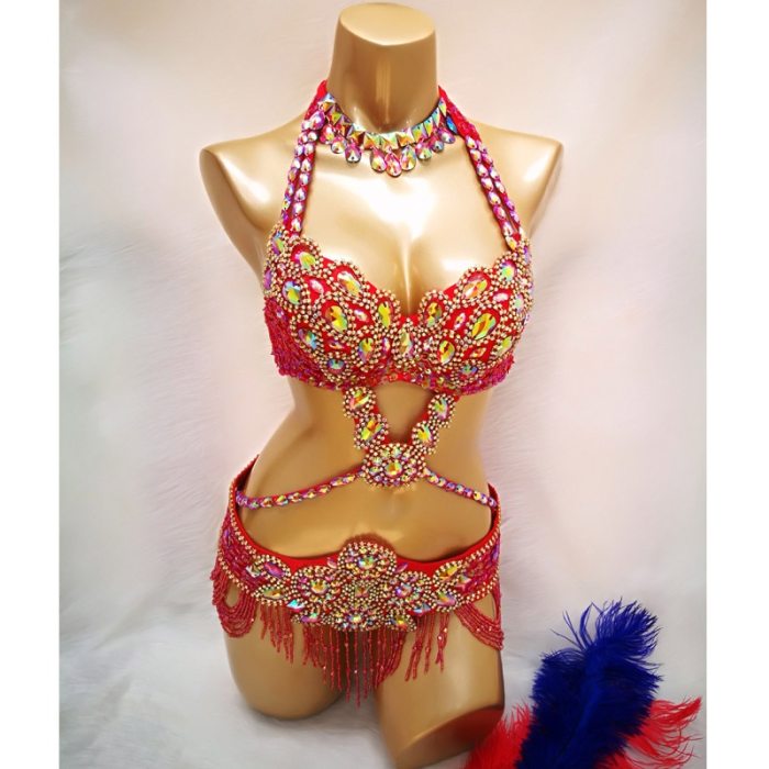 Hot sale Women's beaded Crystal belly dance costume wear Bar+Belt+Necklace  3pc set sexy bellydancing costumes bellydance clothes