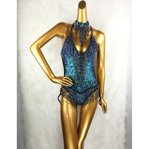 Sexy Women beading Bodysuit Sequin Swimsuit latin Belly Dance Costume Dancer One-Piece Outfit Costume Stage Performance Blue BS02