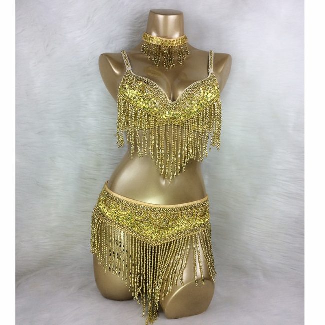 New Women's Belly Dance Set Sexy Carnival Costume Beaded Belly Dancing Clothes Sexy Night Bellydance Tops Chain BRA Belt T201 3pc/Set