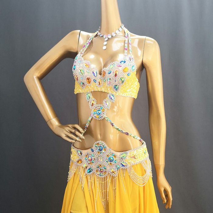 Hot Sale Professional Belly Dance Costume Set for Women Performance Outfit Bollywood Showgirl Dancer Belly Dance Costume clothes TF1732 yellow + sk1905