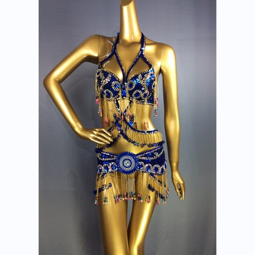 Women's Beaded Belly Dance Costume Top Bar+Belt 2pcs Set Bellydance Clothes Sexy Night Stage Dancewear Carnival Costume TF1411