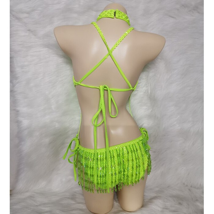 Sparkly Green Tassel Bodysuit Sexy Women Outfit Beads Sequins Carnival Costume Costume Stage Performance One-piece Dance Wear BS11