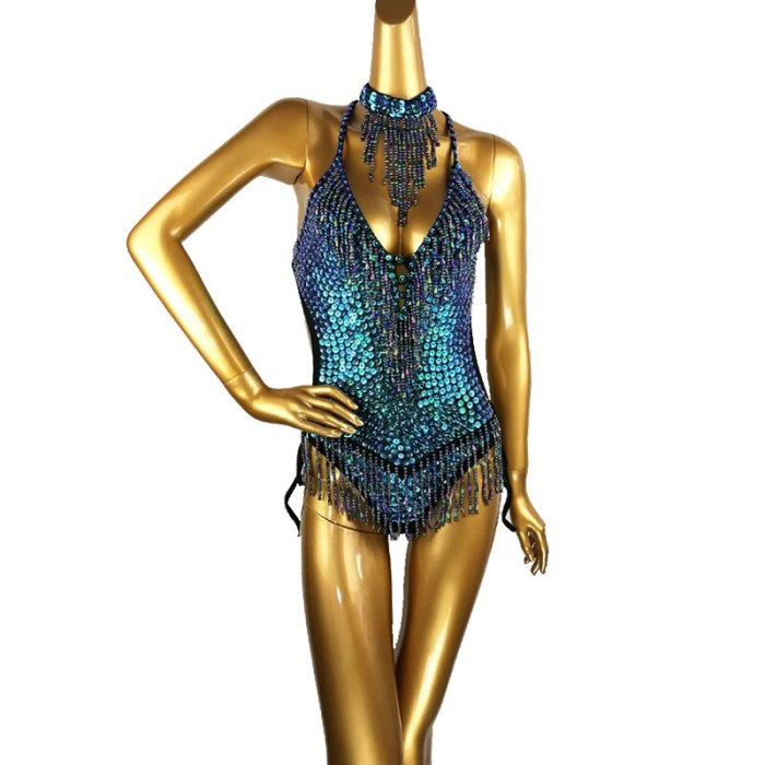 Sexy Women beading Bodysuit Sequin Swimsuit latin Belly Dance Costume Dancer One-Piece Outfit Costume Stage Performance Blue BS02