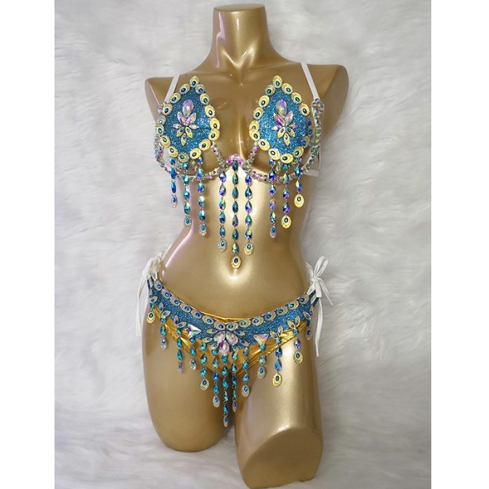 Samba Carnival Wire Bra & belt& Gold Panty Set Hand Made 3Piece Crystal Stone Belly dancing WIRE BRA C027