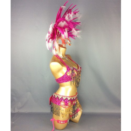 hot selling Sexy Samba Rio Carnival Costume new belly dance costume with hot pink Feather Head piece C1509