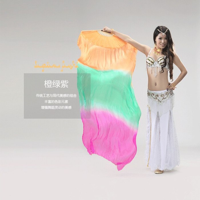 Beautiful Rainbow Belly Dance Fans Veil 100%Silk handmade Belly Dance Fans MULTICOLOR 1pair(L+R) 5 color