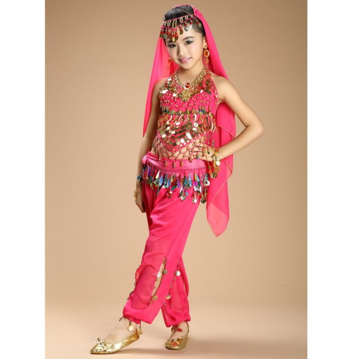 Hot sale kids belly dance 4pcs(top+pants+waist chain+veil) indian clothes rose/red/yellow girls belly dance costume 3306