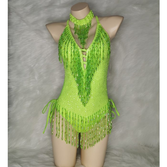 Sparkly Green Tassel Bodysuit Sexy Women Outfit Beads Sequins Carnival Costume Costume Stage Performance One-piece Dance Wear BS11