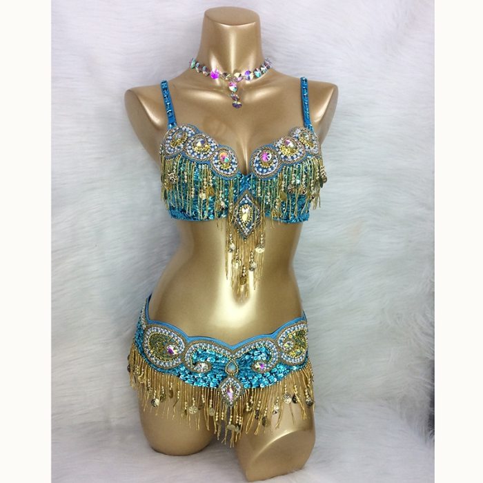 Hot design handmade beaded belly dance costume wear Bar+Belt 3piece/ set ,5 color ladies belly dance costumes women dancing wear TF1601