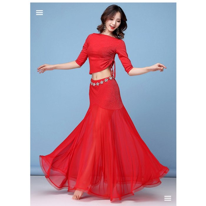New Sexy Belly Dancing Set Shinning Suit For Women Bellydance Clothing Top+Skirt Dancer Trainning Wear HY1187