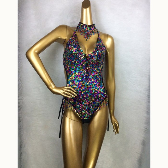 New Women's Full Sequins Beading Flashing Bodysuit One Piece Dance Wear Nightclub Party Stage Wear Latin Sexy Costumes Outfit BS05