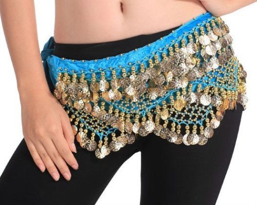 wholesale BELLY DANCE HIP scarves 320 piece coins gold & silver  -turquoise colors HS320