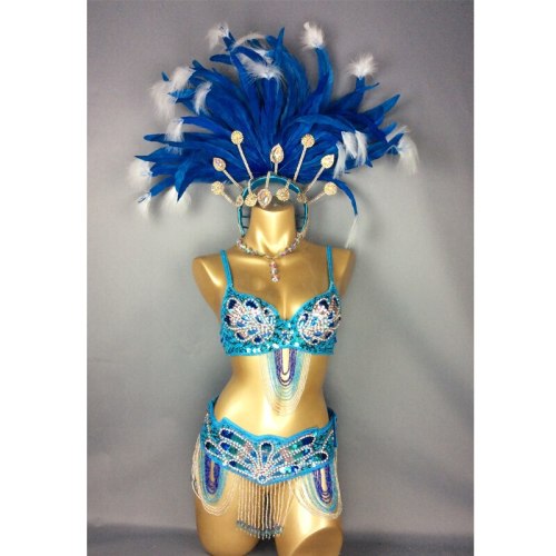 hot selling Sexy Samba Rio Carnival Costume  handmde new belly dance costume with Turquoise Feather Head piece C1359 (Turquoise)