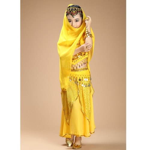 belly dance dancing silk 4piece(top+skirt+waist chain+veil) Girl's costumes belly dance costume indian fabrics 3305