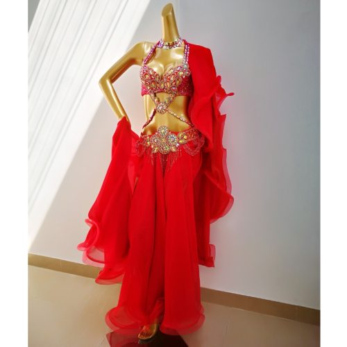 Top quality New women belly dance costume set showgirl belly dancing clothes EDC halloween bellydance bra&belt&skirt 4pcs suit TF1732 Red + SK1905