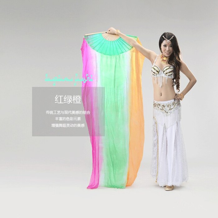 Beautiful Rainbow Belly Dance Fans Veil 100%Silk Belly Dance Colorful  Fans 1pair(L+R) 5 color Silk Bamboo Long Veils fans