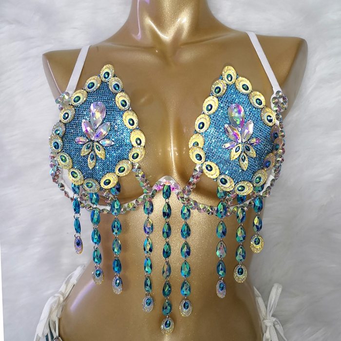 Samba Carnival Wire Bra & belt& Gold Panty Set Hand Made 3Piece Crystal Stone Belly dancing WIRE BRA C027