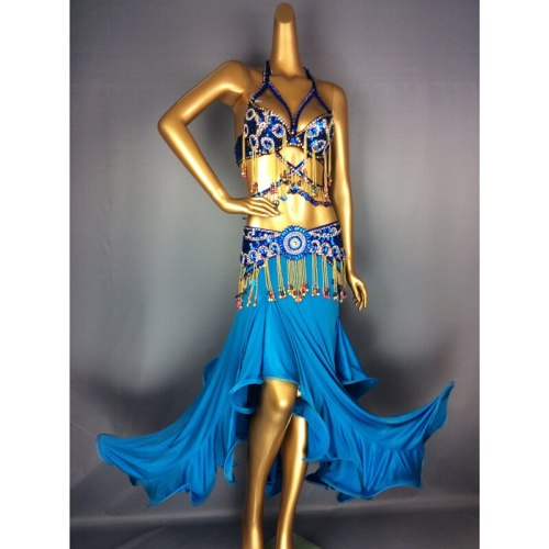 High Quality Sexy Performance Hand Beaded Sequined Belly Dance Samba Costume for Women Lady  navy blue color bra+belt+skirt+neck TF1411