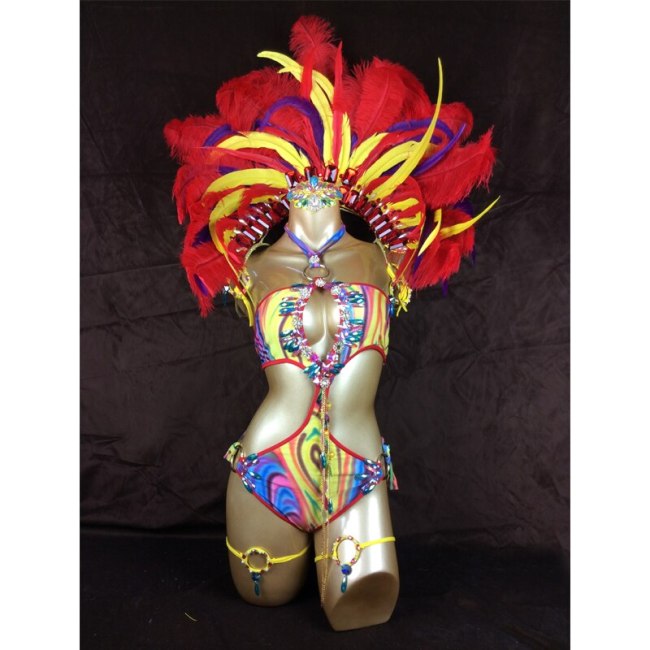 hot selling Sexy Customized Samba Rio Carnival Costume with mulit-colors Feather Head piece(one piece costume)  C1507