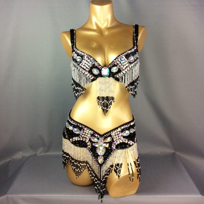 Free Shipping Hand Beaded Belly Dance Samba Costumes Gold Color Bra and Belt 2pcs TF1618