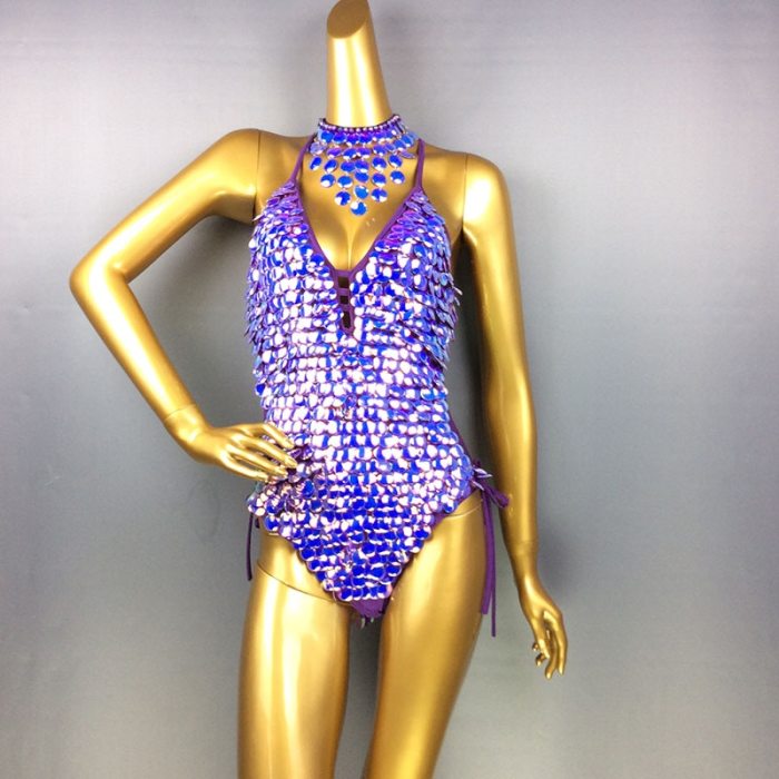 Female Bodysuit Sequins Sparkling Swimsuit latin Belly Dance Costume Dancer One-Piece Outfit Costume Stage Performance BS01 purple