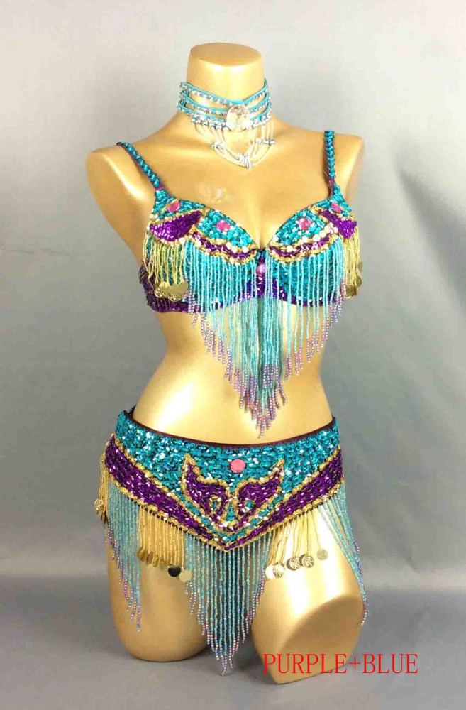 Hot selling belly dance New-Style Sexy handmade beaded 2 piece costumes 5 COLOR TF1401
