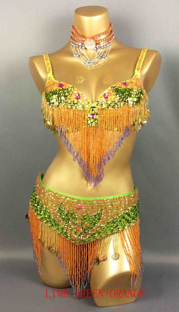 Hot selling belly dance New-Style Sexy handmade beaded 2 piece costumes 5 COLOR,CUSTOM MADE TF1401