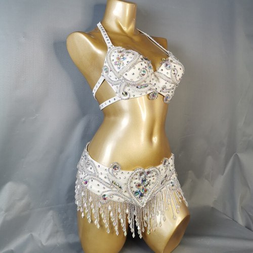 Hot sale Women's beaded Crystal belly dance costume wear bra belt 2pc set clothes bellydance Carnival sexy bellydancing costumes  tf1909